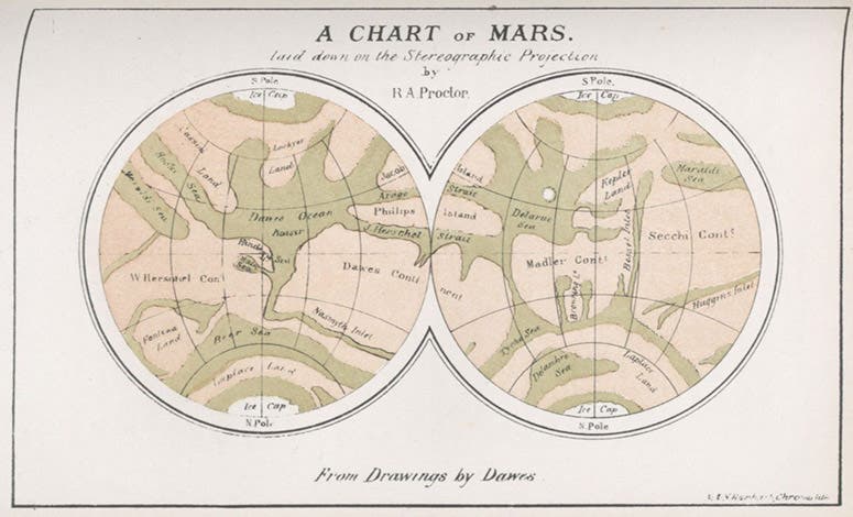 Map of Mars, 1867, made by Richard A. Proctor after drawings by William Rutter Dawes, in Other Worlds than Ours, by Richard A. Proctor, 5th ed, 1882 (Linda Hall Library)