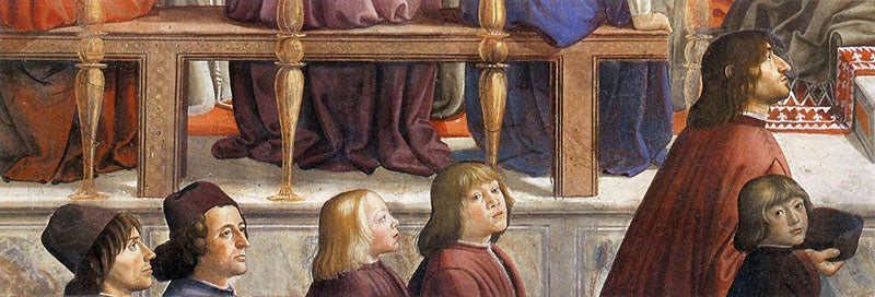 Detail of third image, Confirmation of the Rule, depicting Angelo Poliziano accompanying two children and a nephew of Lorenzo de’ Medici (Web Gallery of Art)