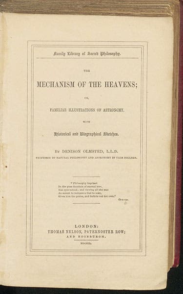 Title page, Denison Olmsted, The Mechanism of the Heavens, 1850 (Linda Hall Library)