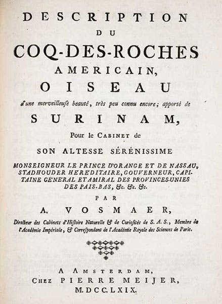 Titlepage for the fascicle on the cock-of-the-rock, dated 1769, in Arnout Vosmaer, Description d'un receuil exquis d'animaux rares, 1804 (Linda Hall Library)