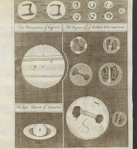 Markings on the surface of Mars, observed by Giovanni Domenico Cassini in 1665, on the right of this engraving (“ye Italian”), which also shows observations of Mars, Jupiter, and Saturn, by Robert Hooke, Philosophical Transactions of the Royal Society of London, vol. 1, no. 14, 1666 (Linda Hall Library)