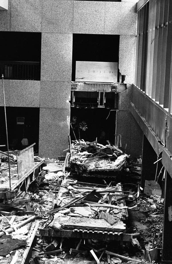 The collapsed Hyatt Regency walkways, a day or two after the collapse; the walkways have been moved from their original fallen positions in order to retrieve the bodies of victims, photograph (npr.org)