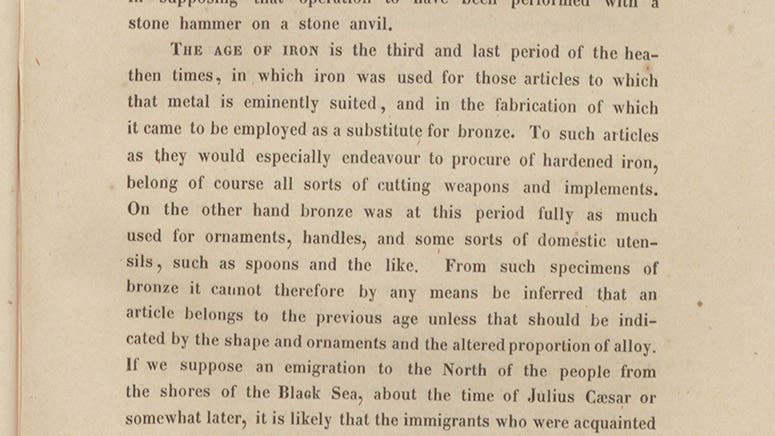 Beginnings of the sections on the Stone Age, Bronze Age, and Iron Age, from Guide to Northern Archaeology, including a translation of Christian Thomsen’s Ledetraad, by Francis Egerton, Earl of Ellesmere, 1848 (Linda Hall Library)