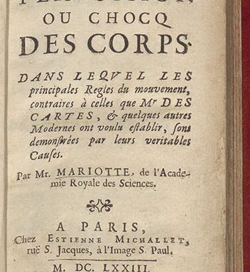 Title page, Traité de la percussion ou choc des corps, by Edmé Mariotte, 1673 (Linda Hall Library)