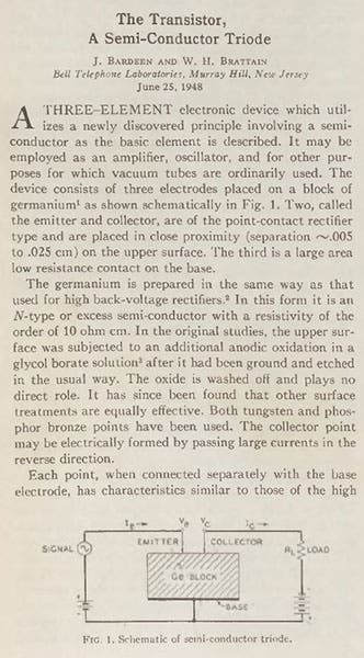 The transistor’s first appearance in a scientific article, “The Transistor, A Semi-Conductor Triode,” by J. Bardeen and W.H. Brattain, Physical Review 74, no. 2 (Jul. 15, 1948) (Linda Hall Library)