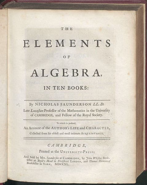 Title page, The Elements of Algebra, by Nicholas Saunderson, vol. 1, 1740 (Linda Hall Library)