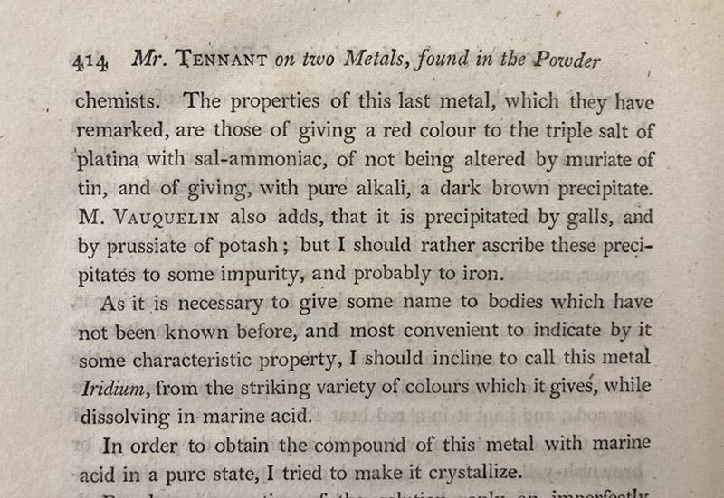 The naming of iridium, by Smithson Tennant, Philosophical Transactions of the Royal Society of London, vol. 94, 1804 (Linda Hall Library)