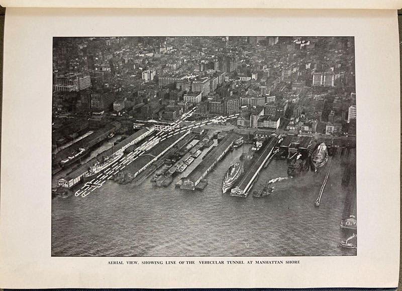 Aerial view of Manhattan piers with line of proposed Holland Tunnel overlaid in white, Annual Report of the New Jersey Interstate Bridge and Tunnel Commission, 1921 (Linda Hall Library)
