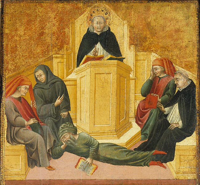 St. Thomas Aquinas Confounding Averroes, by Giovanni di Paolo, 1445-50, S.t Louis Art Museum (Wikimedia commons)