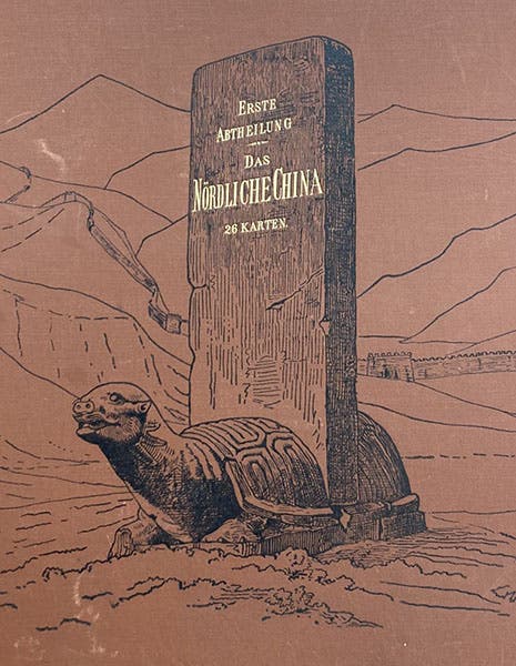 Detail of the embossed stamp on the red cloth cover of Atlas volume 1 of China: Ergebnisse eigener Reisen und darauf gegründeter Studien, by Ferdinand von Richthofen, 1877-1912 (Linda Hall Library)