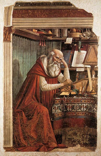 St. Jerome in his Study, by Domenico Ghirlandaio, fresco, 1480, chiesa di Ognissanti, Florence, Web Galley of Art (wga.hu)