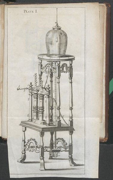Double-barrel air pump built by Francis Hauksbee, engraving in his Physico-mechanical Experiments on Various Subjects, 1709 (Linda Hall Library)