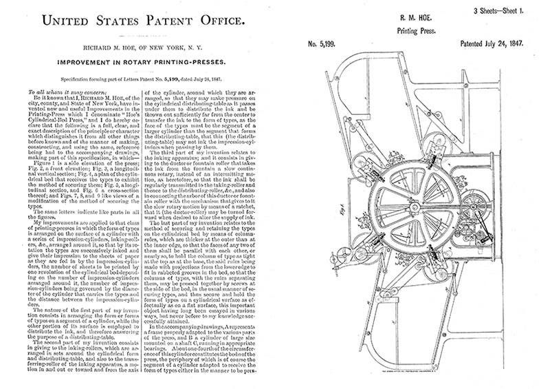 Two pages from a 5-page patent application for a four-cylinder rotary press, #5199, submitted by Richard Hoe on July 24, 1847 (Google Patents)