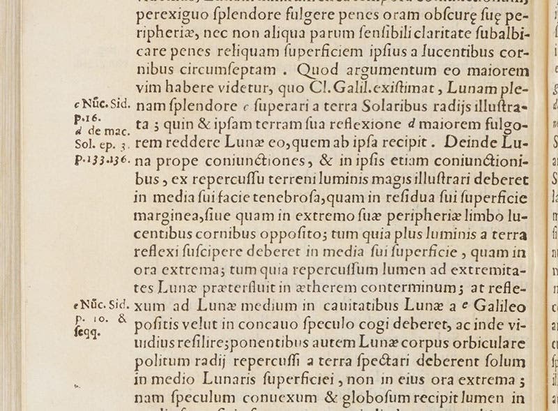 Detail of a page citing Galileo’s Sidereus nuncius and its discussion of earthshine, Litheosphorus, sive, De lapide Bononiensi, by Fortunio Liceti, 1640 (Linda Hall Library)