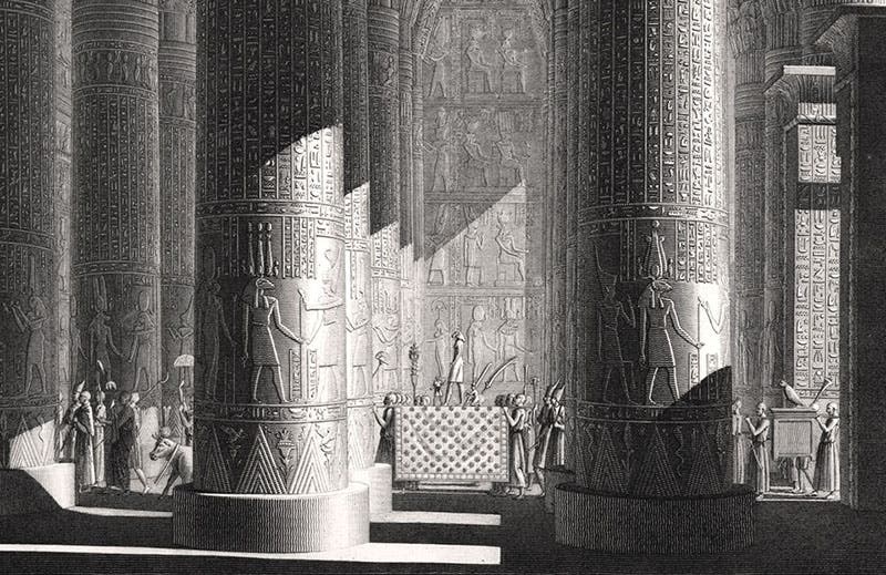 Interior of temple at Esna, restored view, detail of an engraving, after drawing by Edouard Devilliers du Terrage and Jean-Baptiste Prosper Jollois, Description de l’Égypte, Antiquités, plate vol. 1, 1809-28 (Linda Hall Library)