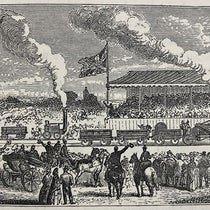 The Rainhill Trials underway, a re-imagining, wood engraving in Lives of the Engineers, by Samuel Smiles, vol. 5, p. 215, 1877 (Linda Hall Library)