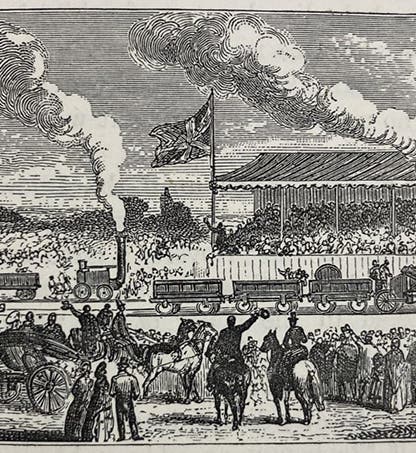 The Rainhill Trials underway, a re-imagining, wood engraving in Lives of the Engineers, by Samuel Smiles, vol. 5, p. 215, 1877 (Linda Hall Library)
