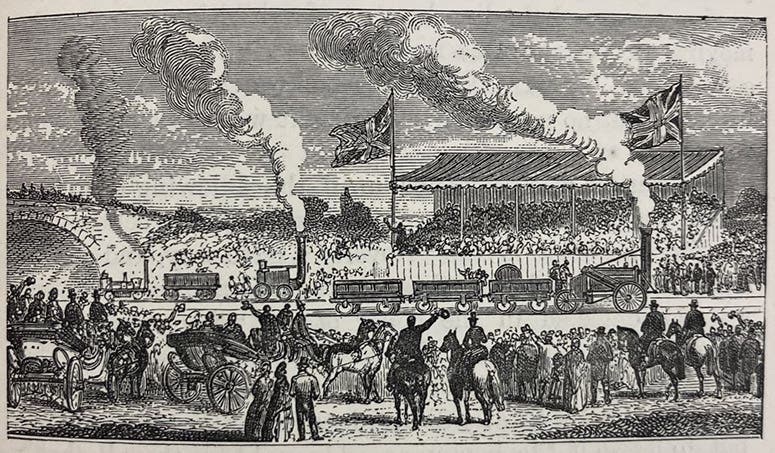 The Rainhill Trials underway, a re-imagining, wood engraving in Lives of the Engineers, by Samuel Smiles, vol. 5, p. 215, 1877 (Linda Hall Library)