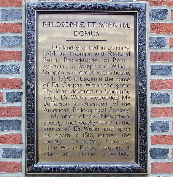 Historical plaque on Caspar Wistar’s house, 238 S. Fourth St., Philadelphia (hmdb.org)