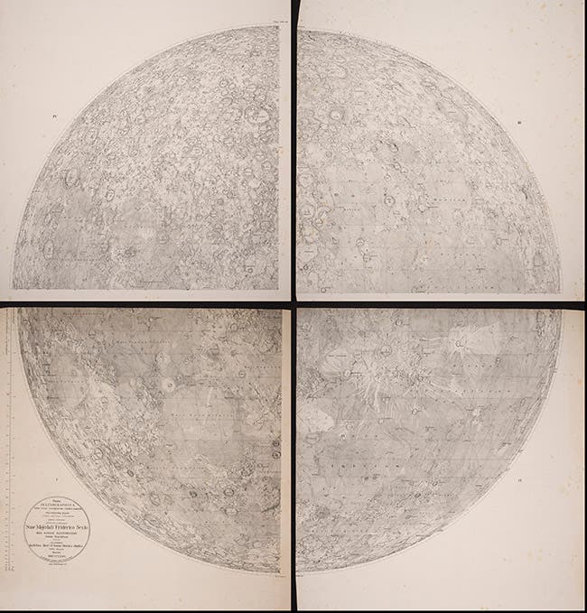 Complete lunar map, assembled from four quadrants, Mappa selenographia, by Wilhelm Beer and Johann Mädler, lithograph, 1834 (Linda Hall Library)