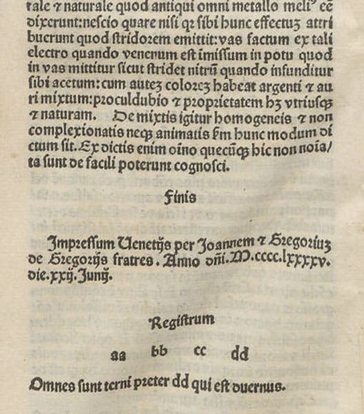 Colophon, detail, Albertus Magnus, De mineralibus, 1495 (Linda Hall Library)
