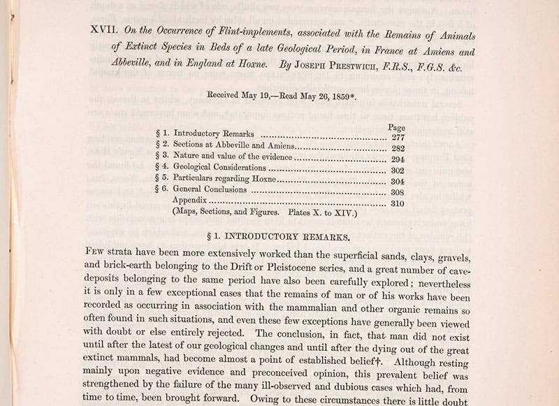 Title and opening paragraph of Joseph Prestwich’s paper on flint tools found at Amiens, Abbeville, and Hoxne, Philosophical Transactions of the Royal Society of London, vol. 150, 1860 (Linda Hall Library)