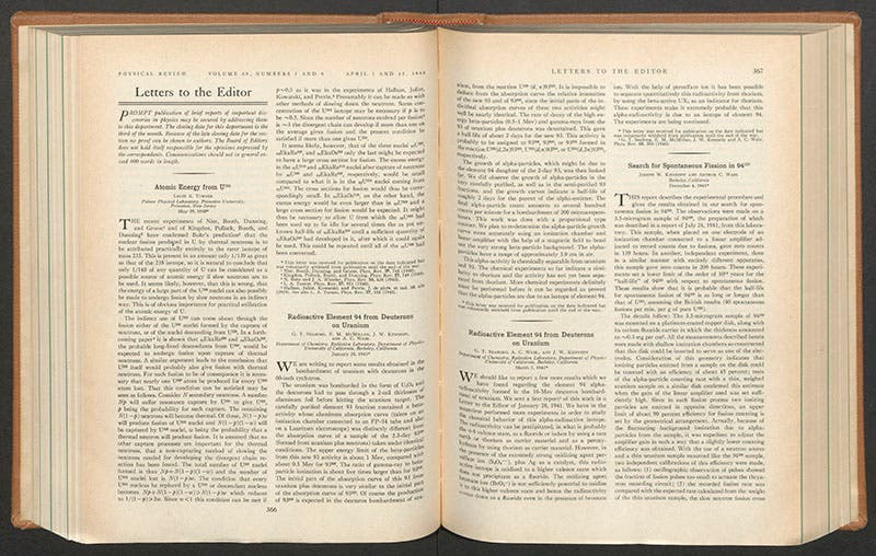 The entire paper, “Radioactive element 94 from deuterons on uranium,” by Edwin McMillan, Glenn Seaborg, and two others, Physical Review, 1946 (paper submitted Jan. 28, 1941) (Linda Hall Library)