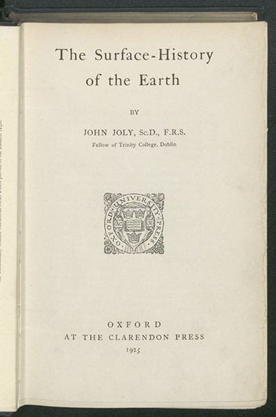 Title page of The Surface-History of the Earth, by John Joly, 1925 (Linda Hall Library)