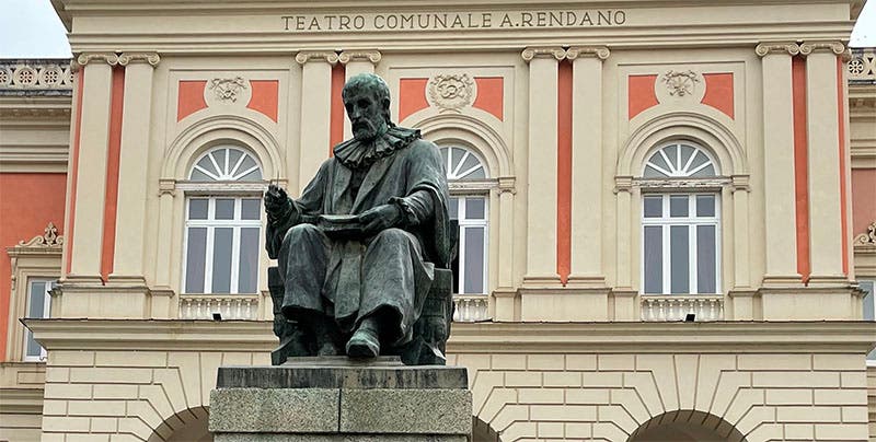 Statue of Bernardino Telesio in front of the Teatro Comunale A. Rendano, old town, Cosenza, Calabria (chapman.edu)