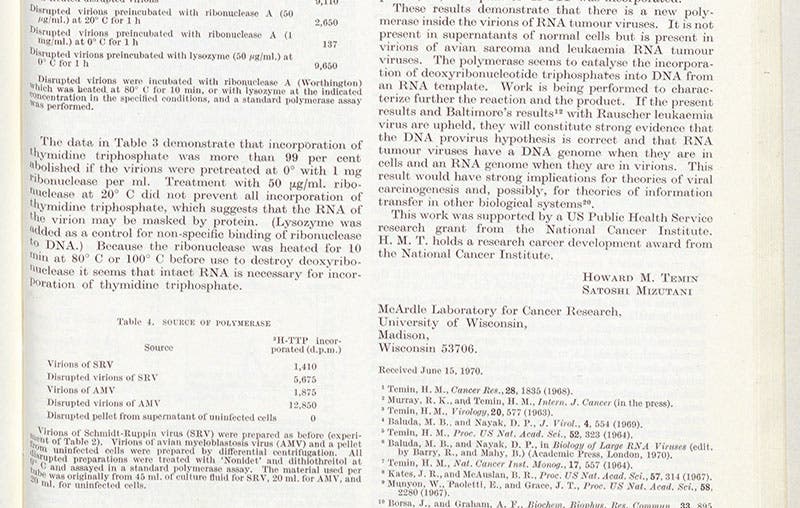 End of the article, "RNA-dependent DNA polymerase in virions of Rous sarcoma virus", by Howard M. Temin and Satoshi Mizutani, Nature, vol. 226, p. 1213, 1970 (Linda Hall Library)