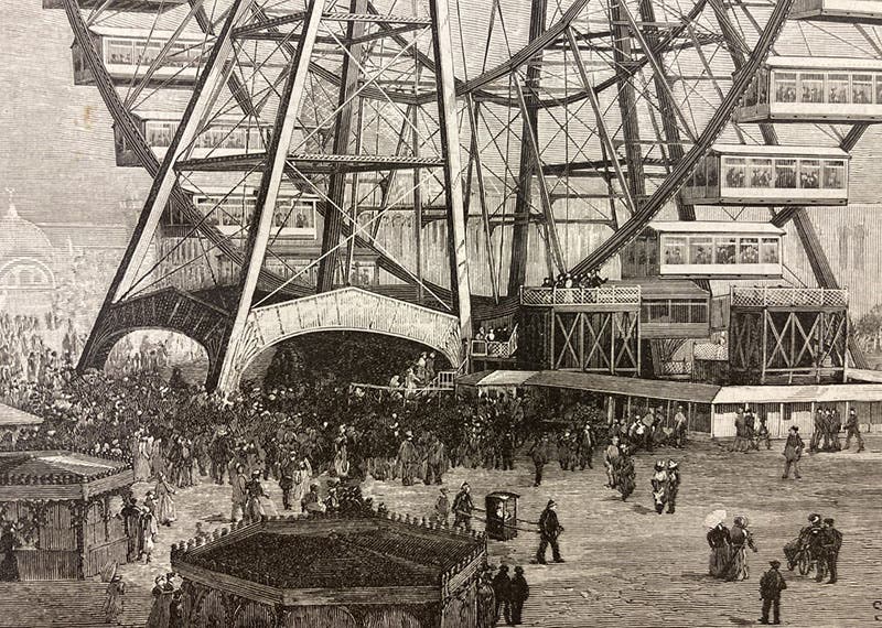 Detail of first image, showing crowds on the Midway at the foot of the Ferris Wheel on opening day, June 11, 1893 (Linda Hall Library)