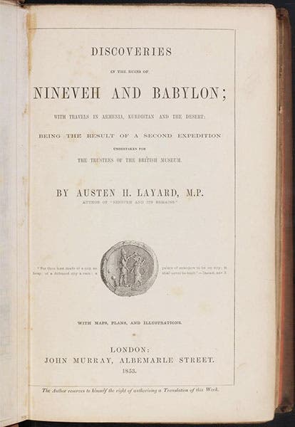 Title page, Austen Henry Layard, Discoveries in the Ruins of Nineveh and Babylon, 1853 (Linda Hall Library)