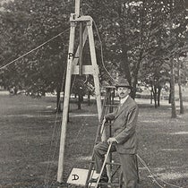 Robert Goddard with a rocket of his own design and construction, photograph, “A Method of Reaching Extreme Altitudes,” by Robert H. Goddard, Smithsonian Miscellaneous Collections, plate 6, fig. 1, vol. 71, no. 2, 1919 (The Linda Hall)
