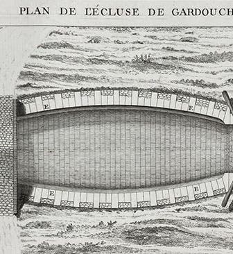 Lock at Gardouch  on the Languedoc Canal, detail of engraving, Des canaux de navigation, et spécialement du canal de Languedoc, by Joseph Jérôme Le Français de Lalande, plate 4 at end, 1778 (Linda Hall Library)