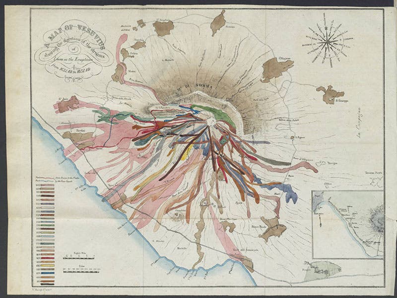 Color-coded map depicting all historic lava flows from eruptions of Vesuvius, folding hand-colored lithograph, from John Auldjo, Sketches of Vesuvius, 1832 (Linda Hall Library)