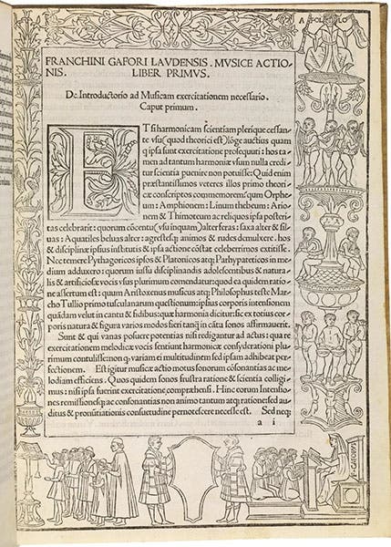 First page with woodcut border, Practica musicae, by Franchino Gaffurio, 1496, sold by Pandolfini auction house, Dec. 16-17, 2019 (pandolfini.it/uk)