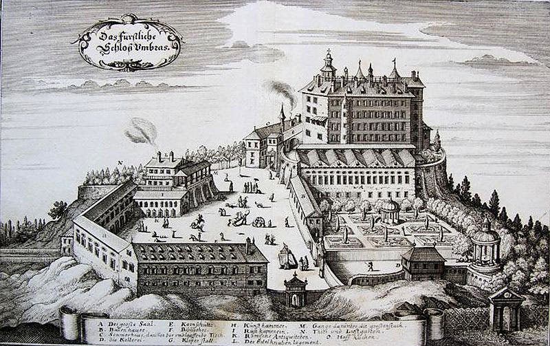 Schloss Ambras, engraving by Matthaeus Merian, ca 1620-1630 (Wikimedia commons)