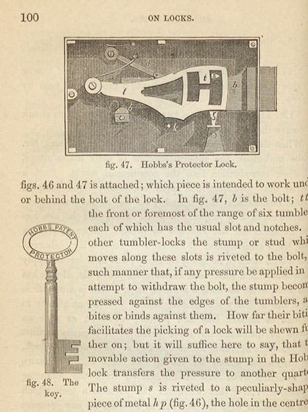 The “Protector” lock of Alfred Hobbs, which he would market with great success in London in the 1850s, in Charles Tomlinson, Rudimentary Treatise on the Construction of Locks, 1853 (Linda Hall Library)