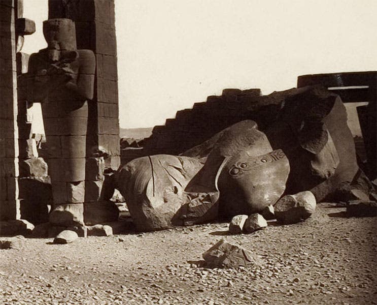 The fallen colossus at the Memnonium, Thebes, detail of photograph by William de Wiveleslie Abney, in his Thebes and its Five Greater Temples, page 32r, 1876, University Library, Heidelberg (digi.ub.uni-heidelberg.de)