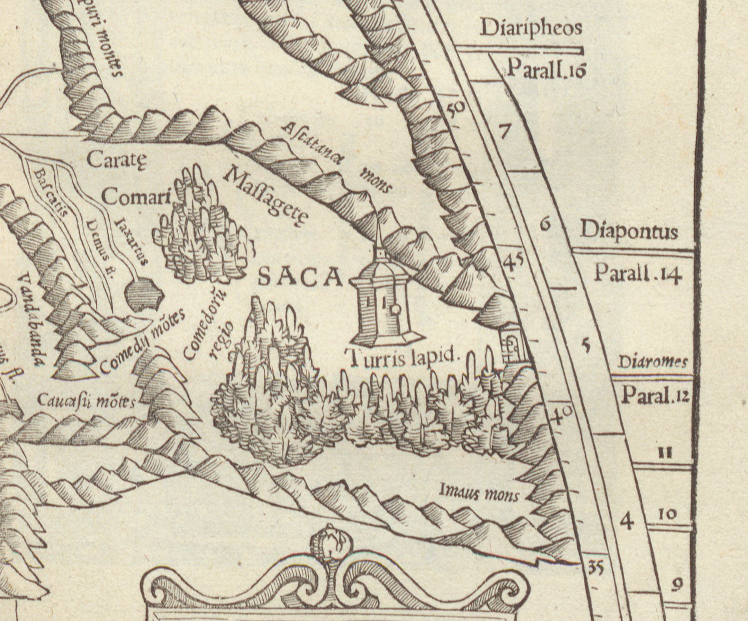 The Stone Tower, Turris lapidea, detail of regional map, Asia VII, woodcut, Geographia vniversalis: vetus et nova, by Ptolemy of Alexandria and Sebastian Münster, 1540 (Linda Hall Library)