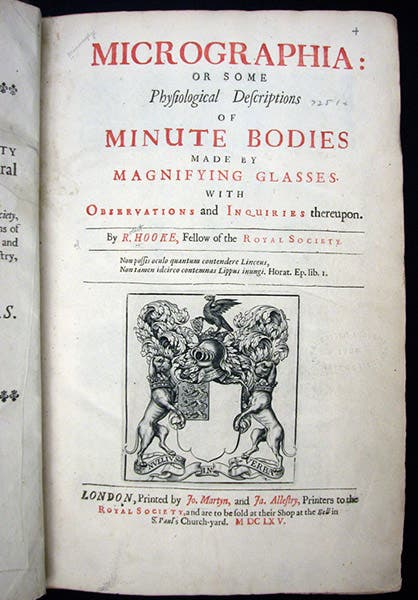 Title page, Robert Hooke, Micrographia, 1665 (Linda Hall Library)