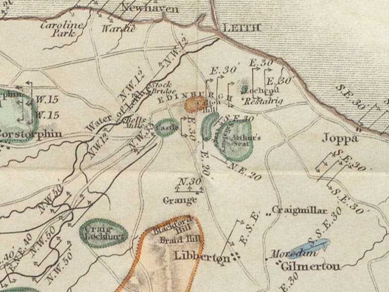 The area around Edinburgh, including Arthur’s Seat and the Salisbury Craigs, detail of ninth image, “Geological map of the Lothians,” Essay on the Geology of the Lothians, by Robert J. Hay Cunningham, 1838 (Linda Hall Library)