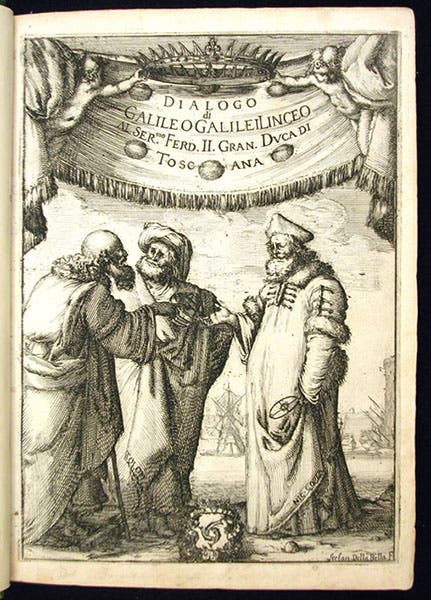 Frontispiece, with Ptolemy at center, next to Aristotle at left and Copernicus at right, engraving by Stefano della Bella, in Dialogo, by Galileo Galilei, 1632 (Linda Hall Library)