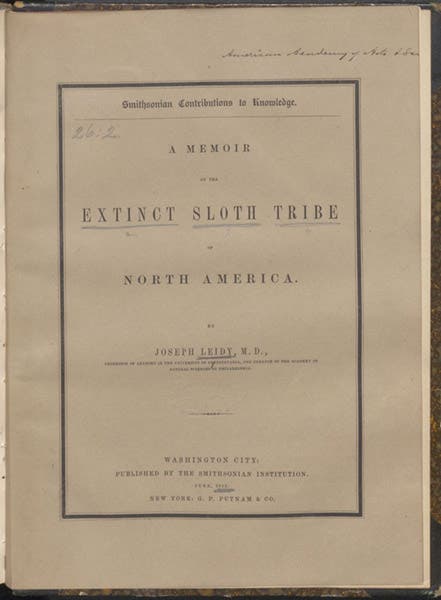 Paper front cover, A Memoir on the Extinct Sloth Tribe of North America, by Joseph Leidy, 1855 (Linda Hall Library)