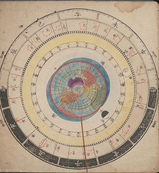 Earth-centered volvelle, hand-colored woodcut, Heitengi, by Iwahashi Yoshitaka, p. 2, 1801 (Linda Hall Library)