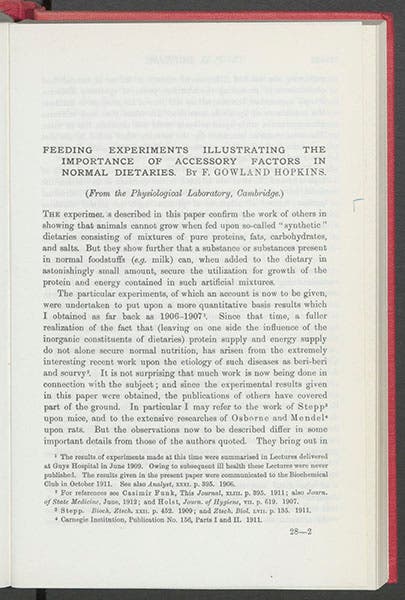 First page of F. Gowland Hopkins paper on “Accessory Food Factors” in Journal of Physiology, 1912 (1964) (Linda Hall Library)
