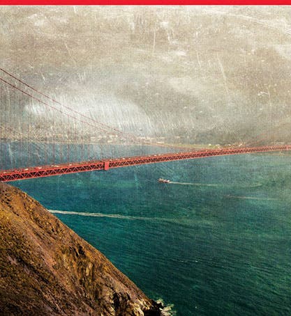 Golden Gate Bridge, completed in 1937 according to the design of Charles Alton Ellis and others, early photograph, source and date unknown, Wesleyan University Magazine, Dec. 5, 2018 (magazine.blogs.wesleyan.edu)