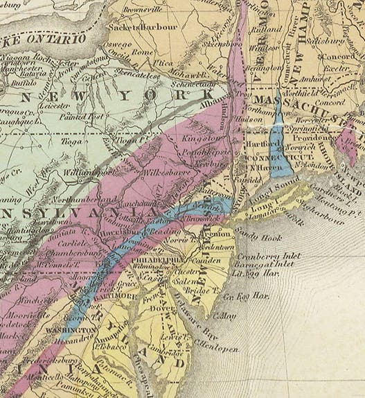 Geological map of the area from Philadelphia up through New England, detail of a larger map by William Maclure, hand-colored engraved frontispiece in his Observations on the Geology of the United States of America, 1817 (Linda Hall Library)