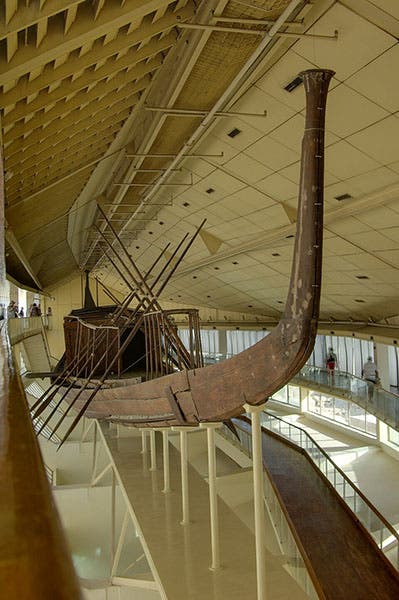 Khufu’s solar boat, on display in the old Giza Boat Museum, view of prow, photograph, 2009 (Wikimedia commons)