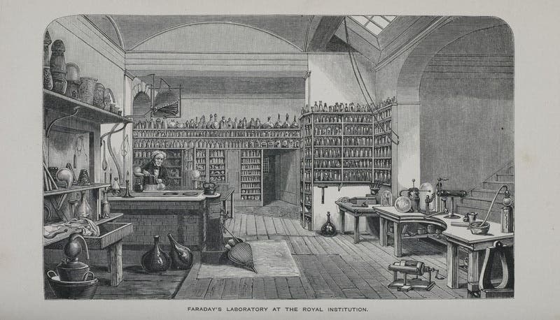 Michael Faraday’s laboratory at the Royal Institution, engraving, 1870 (Wikimedia commons)
